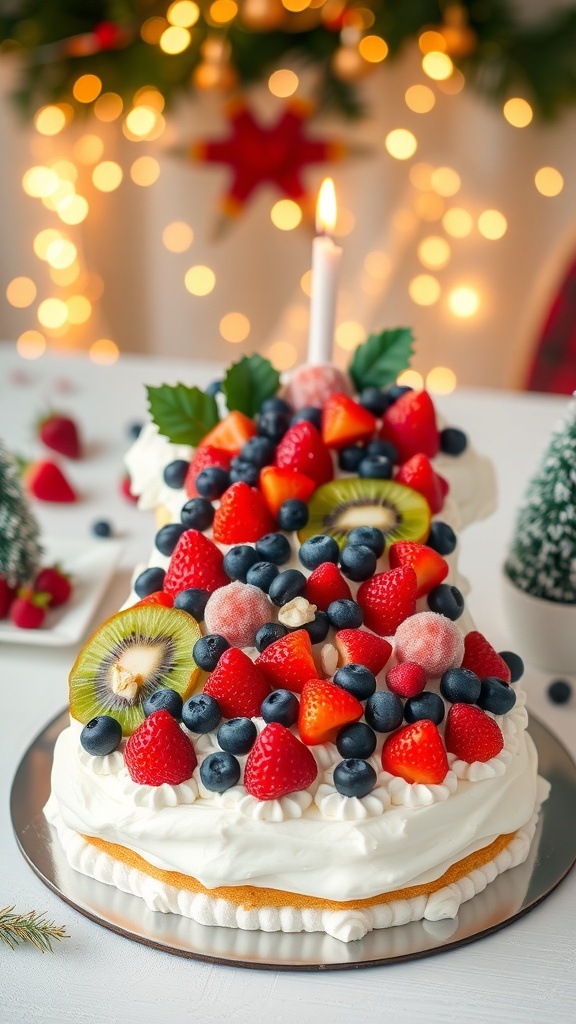A festive Christmas number cake decorated with fruits and edible decorations, perfect for holiday celebrations.